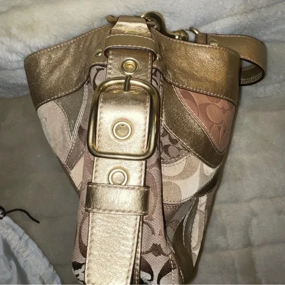 Coach Metallic Patchwork Shoulder Bag in Gold and Tan - Picture 5 of 7